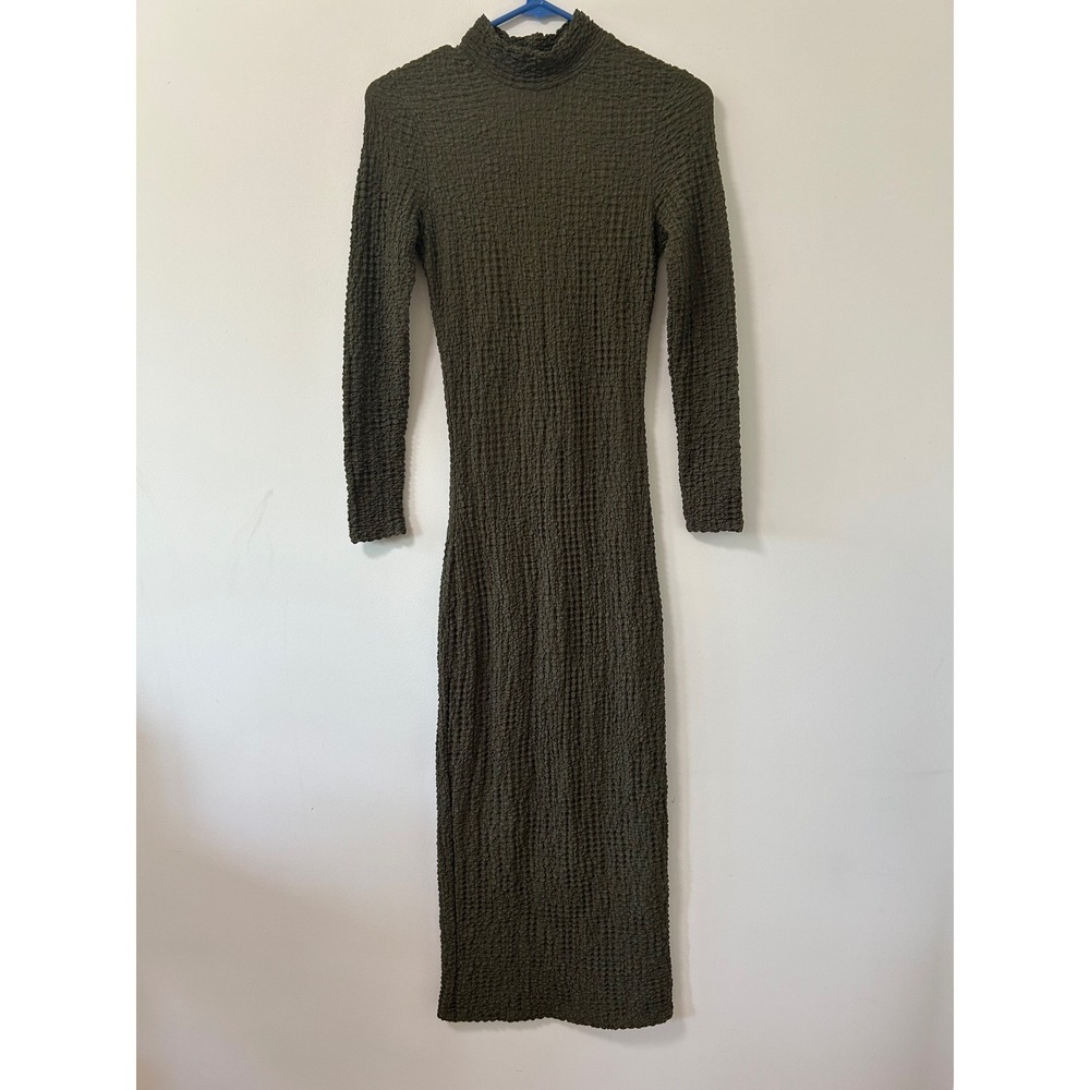Zara Womens Olive Green‎ Popcorn Textured Mock Neck Midi Dress Small Long Sleeve